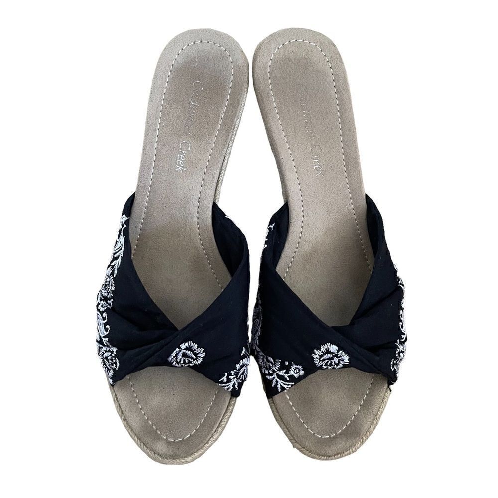 Coldwater Creek ~ Black Fabric w/ White Embroidery ~Slip On ~ Espadrilles